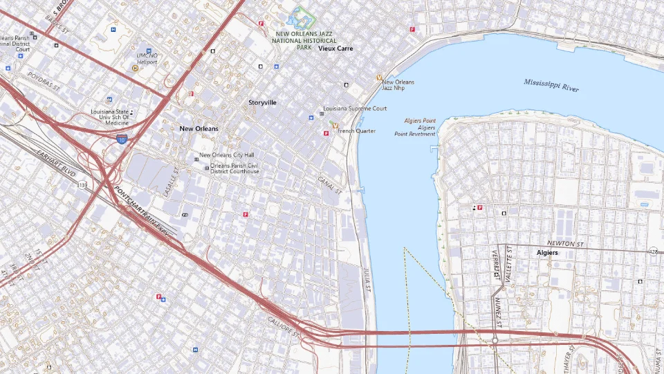 USGS topographic map of New Orleans bases, showing roads, water, terrain and place names