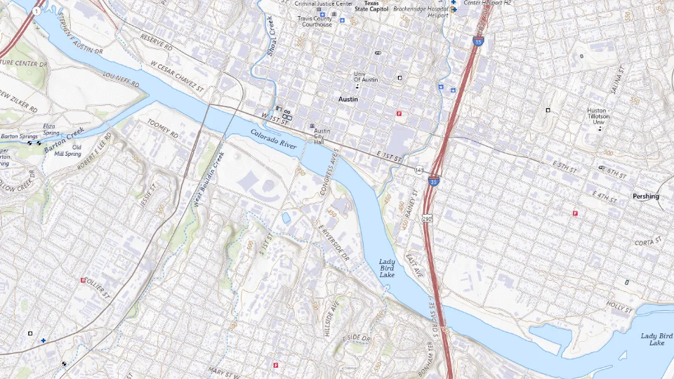USGS topographic map of Austin bases, showing roads, water, terrain and place names