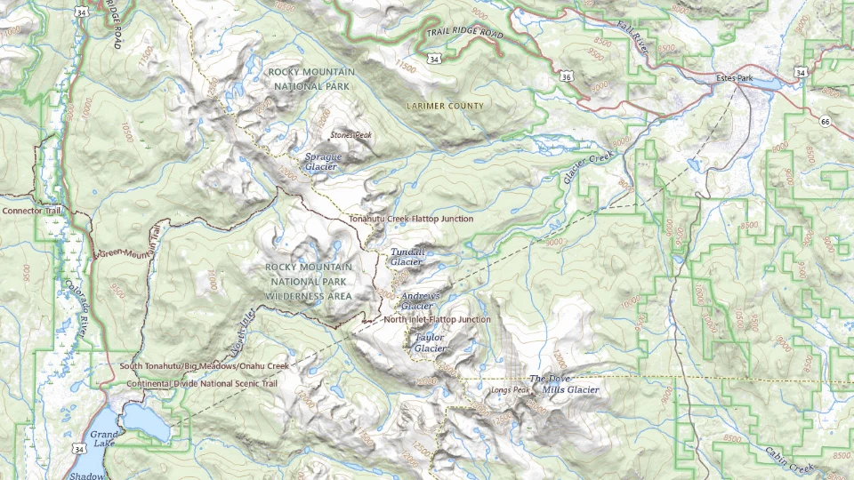 USGS topographic map of Rocky Mountain National Park bases, showing roads, water, terrain and place names