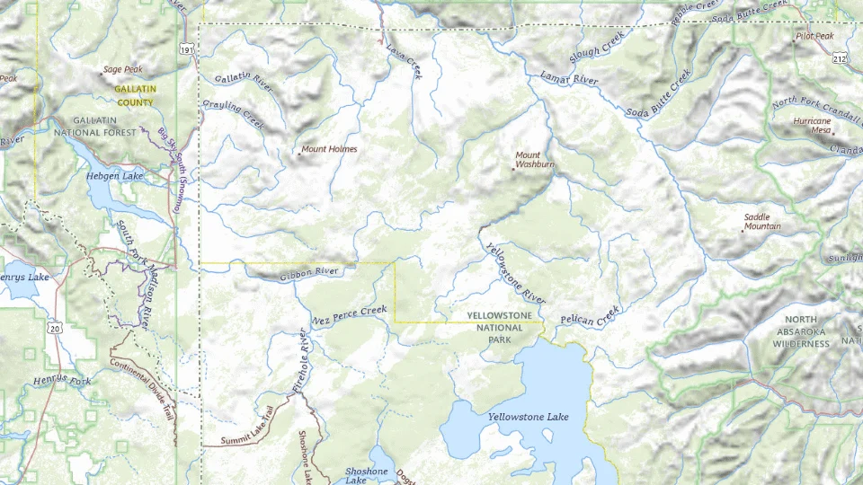 USGS topographic map of the route’s main places, showing roads, water, terrain and place names