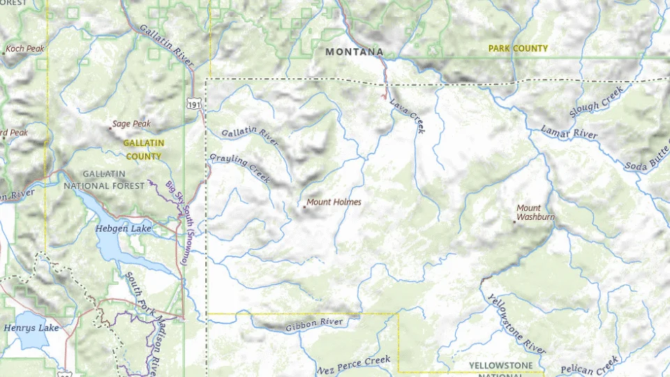 USGS topographic map of Yellowstone National Park bases, showing roads, water, terrain and place names