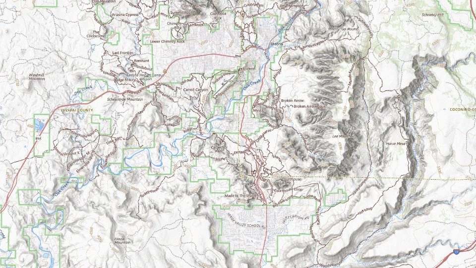 USGS topographic map of Sedona bases, showing roads, water, terrain and place names