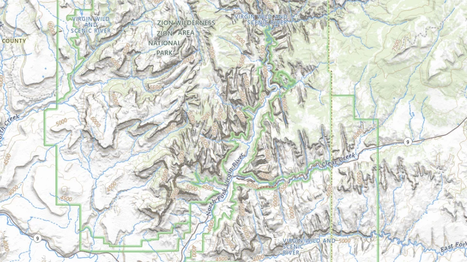 USGS topographic map of the route’s main places, showing roads, water, terrain and place names
