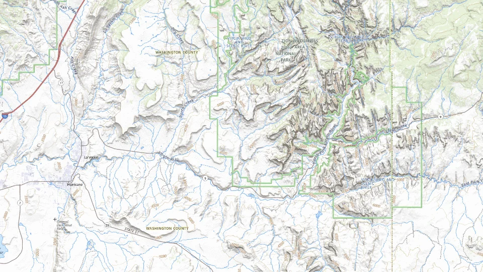 USGS topographic map of Zion National Park bases, showing roads, water, terrain and place names