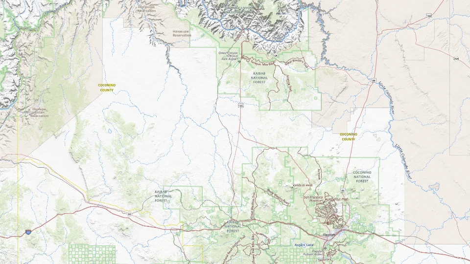 USGS topographic map of Grand Canyon bases, showing roads, water, terrain and place names