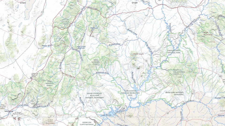USGS topographic map of the route’s main places, showing roads, water, terrain and place names