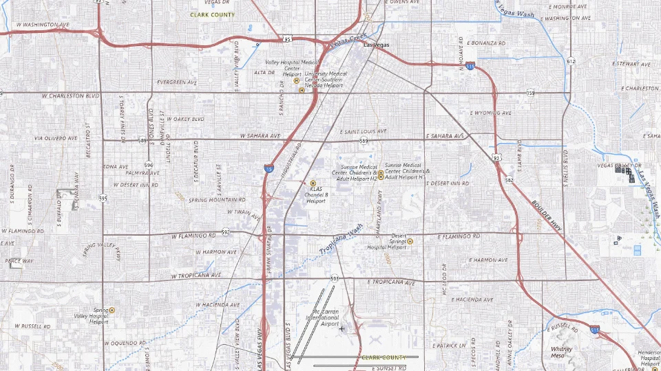USGS topographic map of Las Vegas bases, showing roads, water, terrain and place names