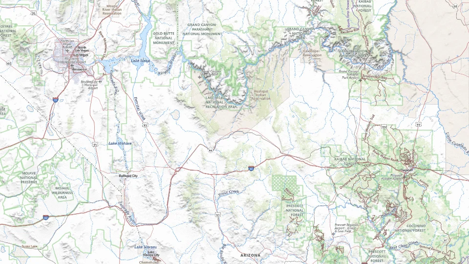 USGS topographic map of the route’s main places, showing roads, water, terrain and place names