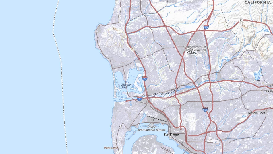 USGS topographic map of San Diego bases, showing roads, water, terrain and place names