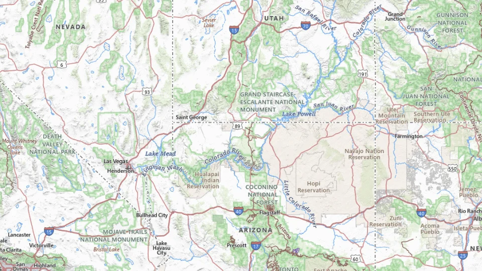USGS topographic map of Southwest, showing roads, water, terrain and place names