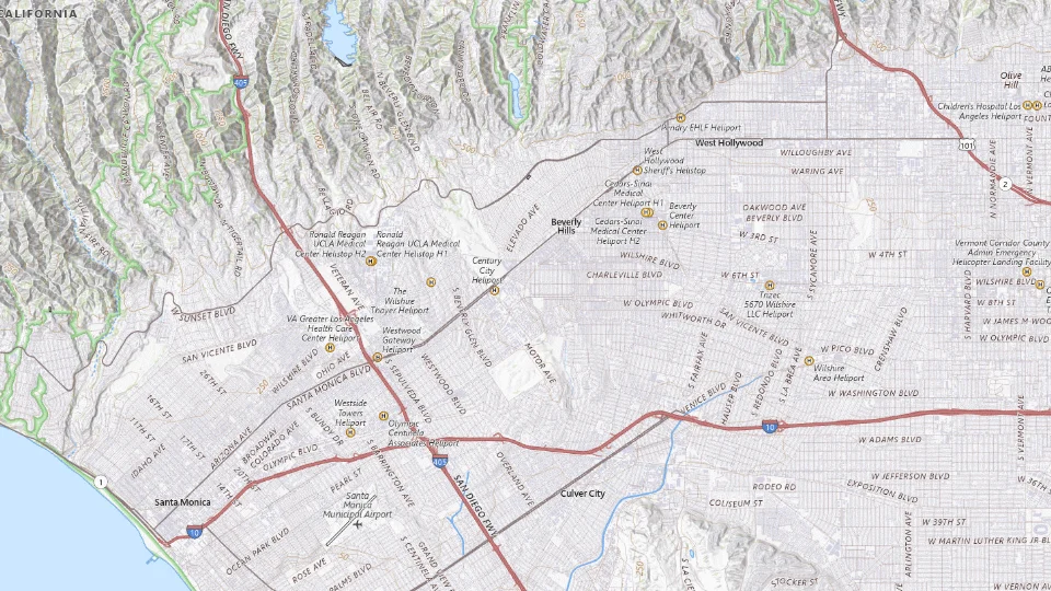 USGS topographic map of Los Angeles bases, showing roads, water, terrain and place names