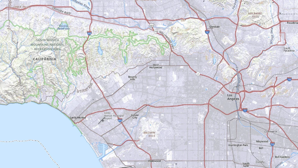 USGS topographic map of Los Angeles bases, showing roads, water, terrain and place names