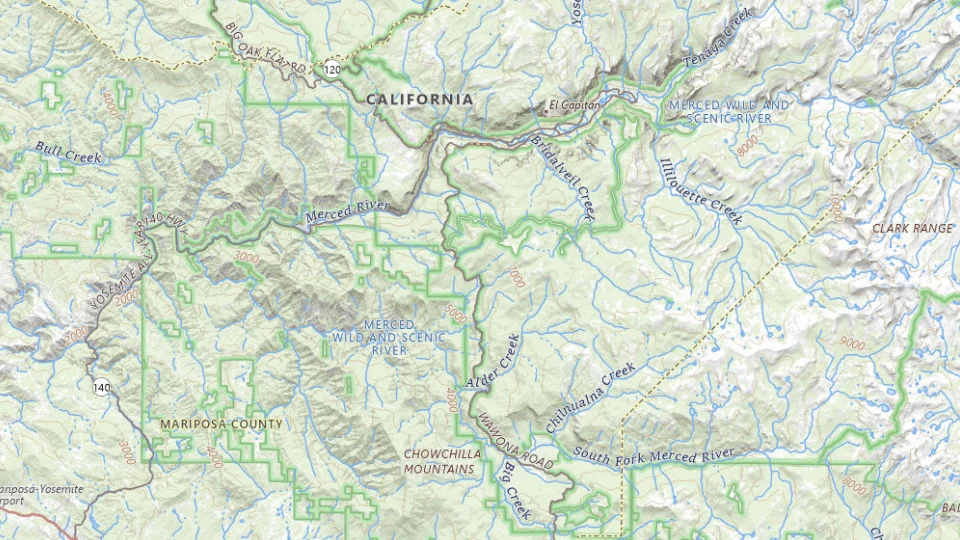 USGS topographic map of Yosemite National Park bases, showing roads, water, terrain and place names