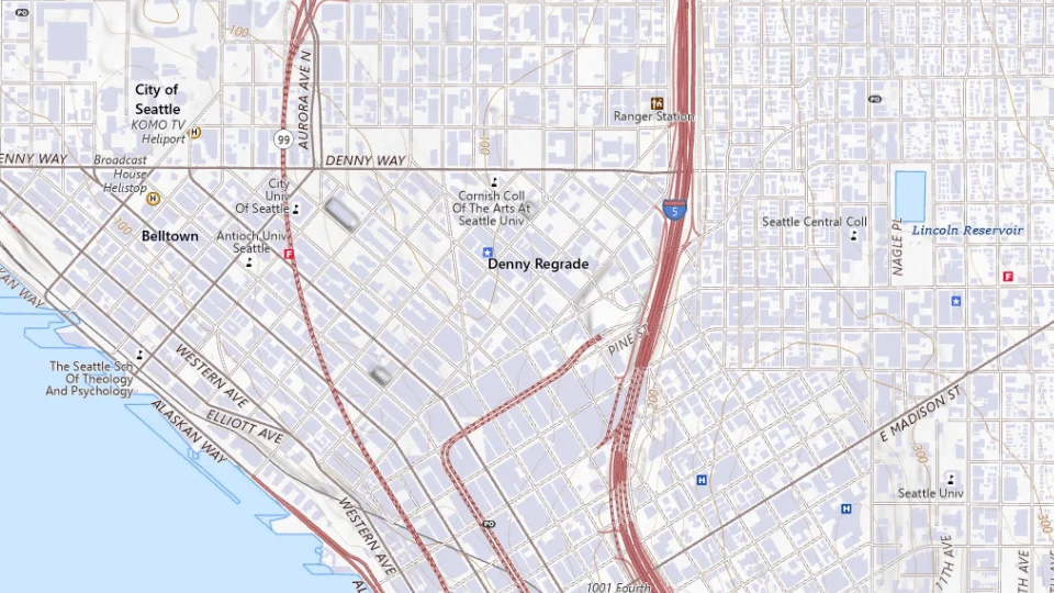 USGS topographic map of Seattle bases, showing roads, water, terrain and place names