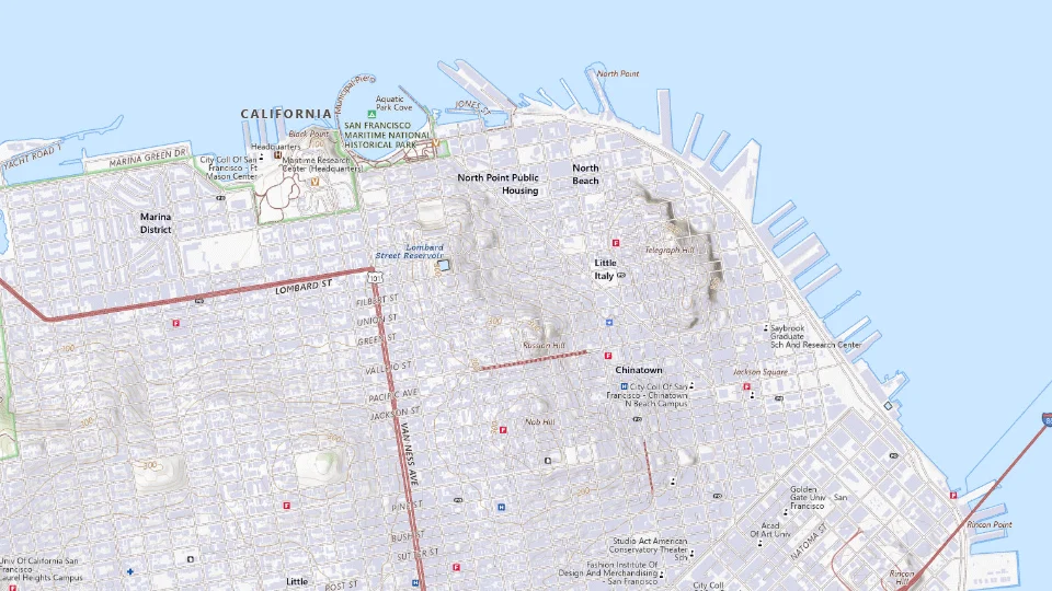 USGS topographic map of San Francisco bases, showing roads, water, terrain and place names