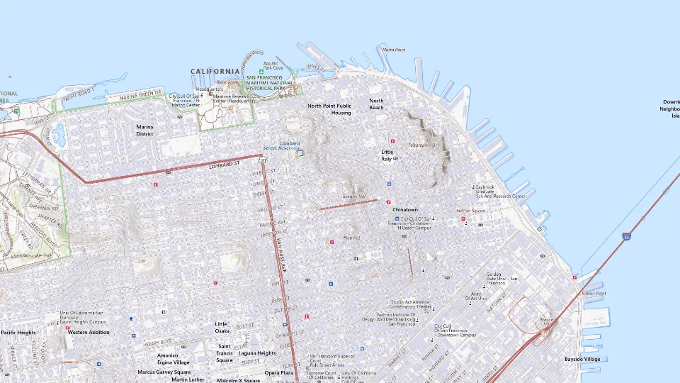 USGS topographic map of San Francisco bases, showing roads, water, terrain and place names