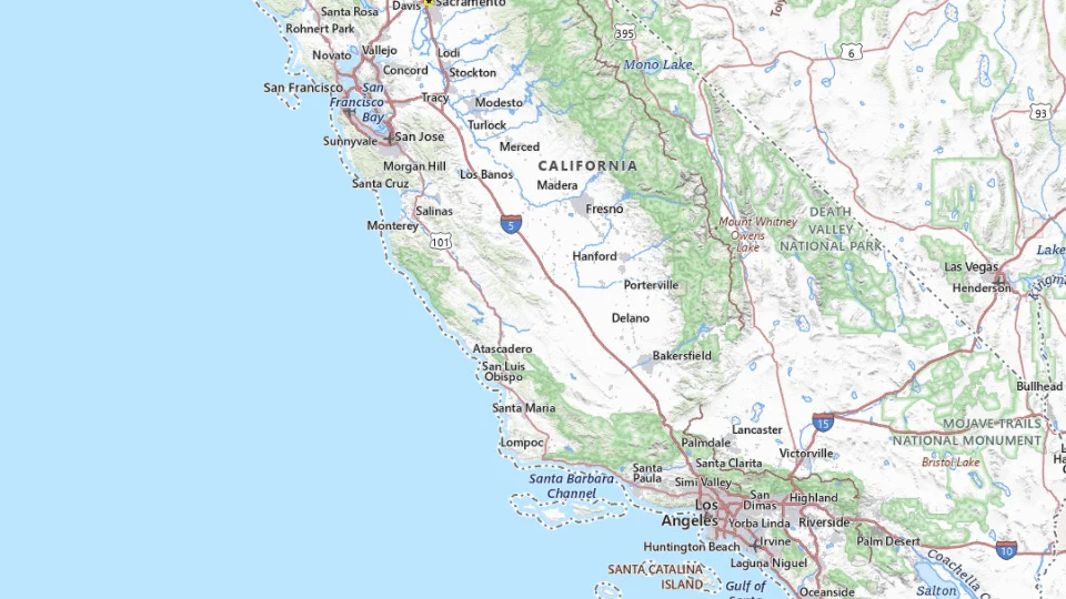 USGS topographic map of the route’s main places, showing roads, water, terrain and place names