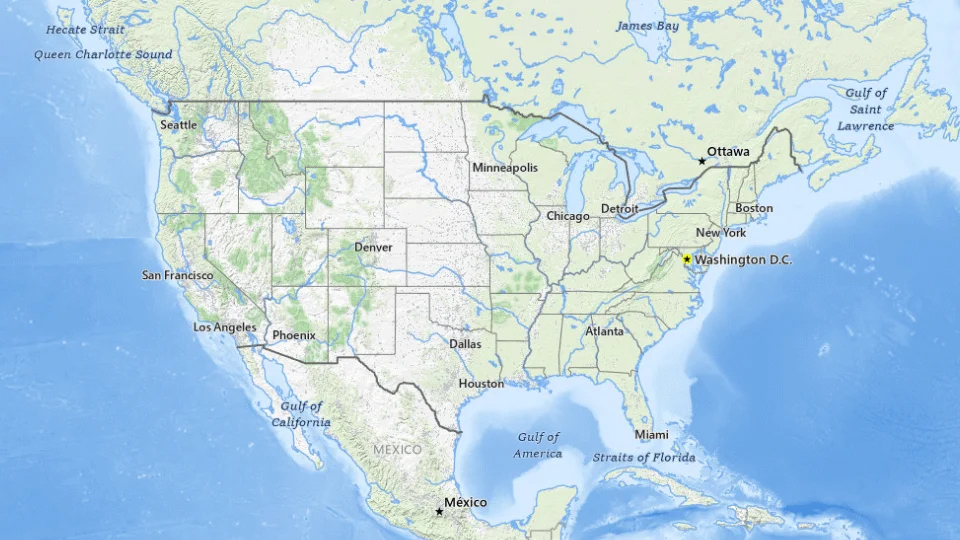 USGS topographic map of the contiguous United States, showing roads, water, terrain and place names