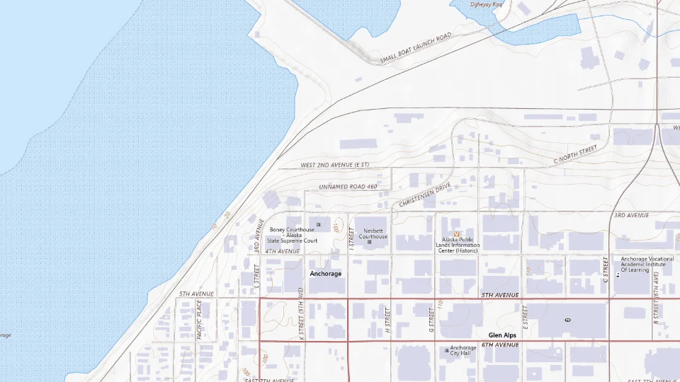 USGS topographic map of Alaska, showing roads, water, terrain and place names