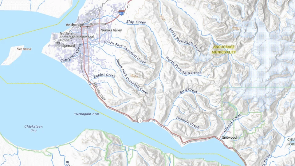USGS topographic map of Anchorage bases, showing roads, water, terrain and place names