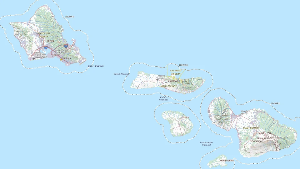 USGS topographic map of Hawaii, showing roads, water, terrain and place names
