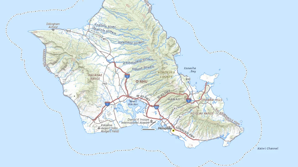 USGS topographic map of the route’s main places, showing roads, water, terrain and place names