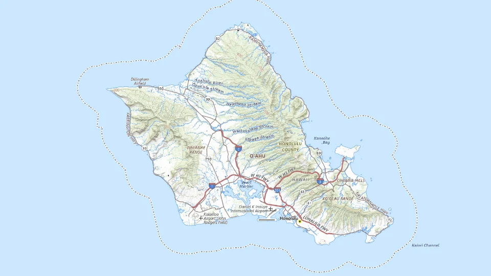USGS topographic map of Oahu bases, showing roads, water, terrain and place names