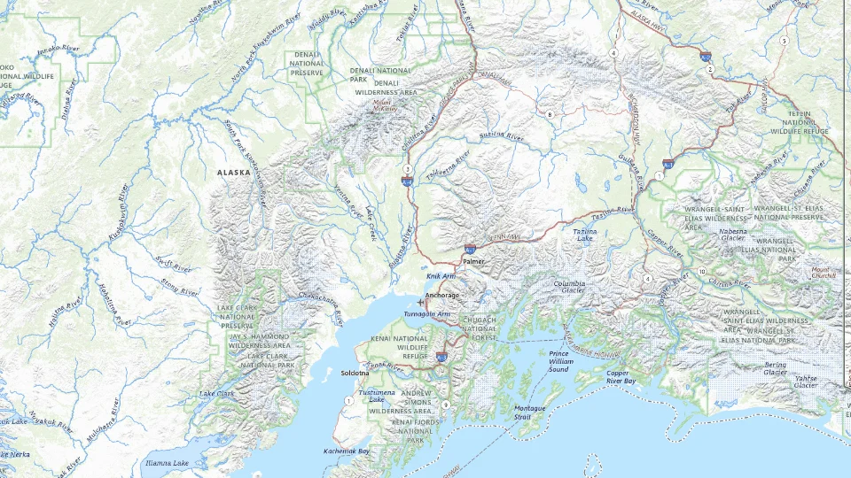 USGS topographic map of the route’s main places, showing roads, water, terrain and place names