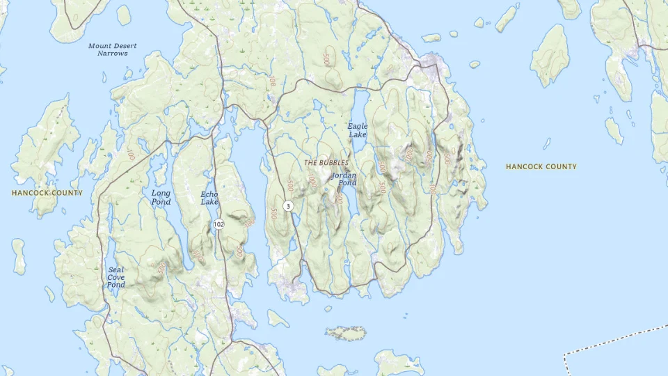 USGS topographic map of Acadia National Park bases, showing roads, water, terrain and place names