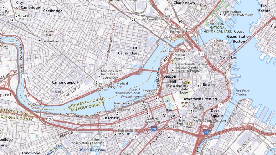 USGS topographic map of Boston bases, showing roads, water, terrain and place names