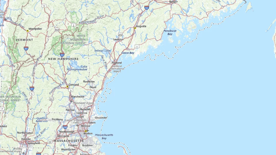 USGS topographic map of the route’s main places, showing roads, water, terrain and place names