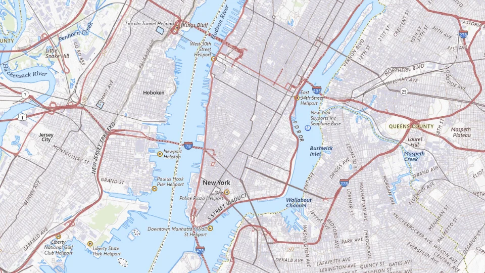 USGS topographic map of New York City bases, showing roads, water, terrain and place names