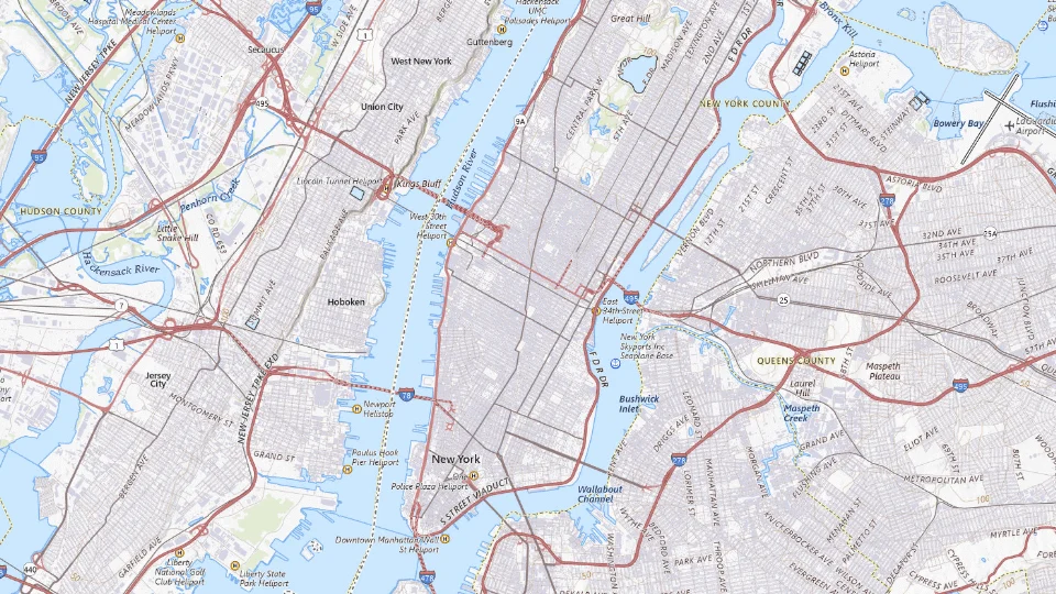 USGS topographic map of the route’s main places, showing roads, water, terrain and place names
