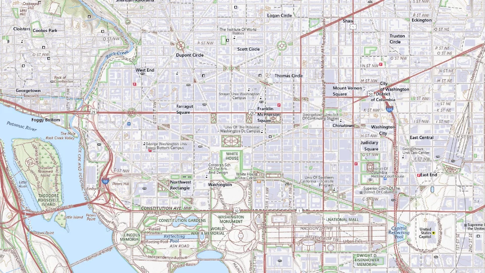 USGS topographic map of Washington, DC bases, showing roads, water, terrain and place names