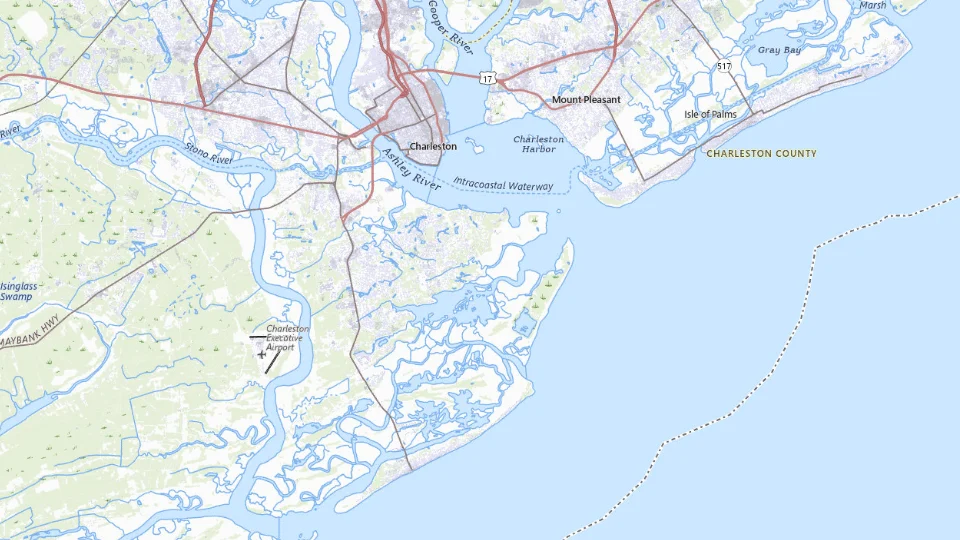 USGS topographic map of Charleston bases, showing roads, water, terrain and place names