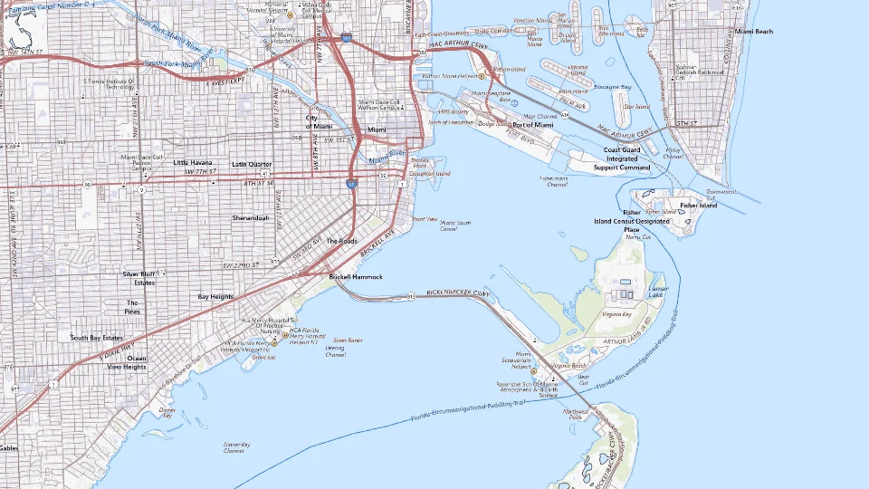 USGS topographic map of Miami bases, showing roads, water, terrain and place names