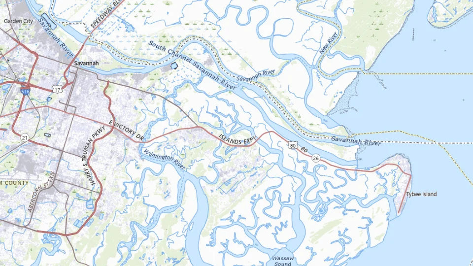 USGS topographic map of Savannah bases, showing roads, water, terrain and place names