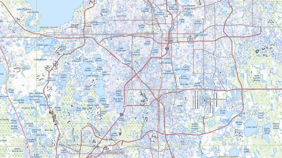 USGS topographic map of Orlando bases, showing roads, water, terrain and place names