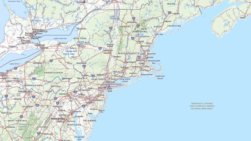 USGS topographic map of Northeast, showing roads, water, terrain and place names