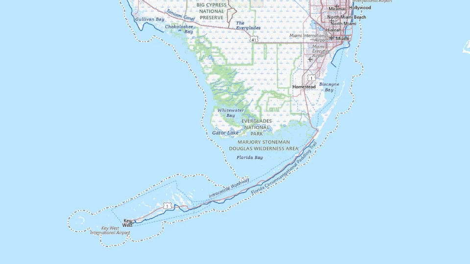 USGS topographic map of the route’s main places, showing roads, water, terrain and place names