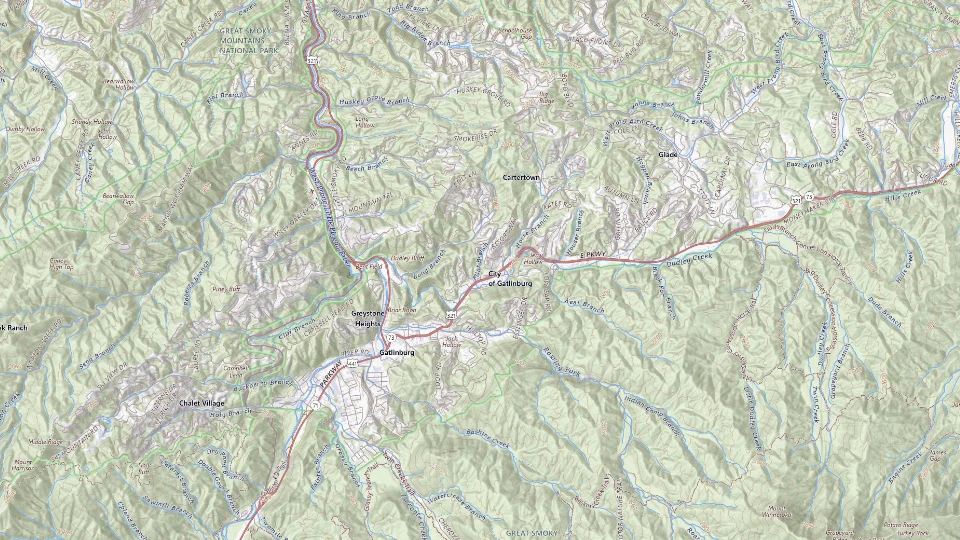 USGS topographic map of Gatlinburg bases, showing roads, water, terrain and place names