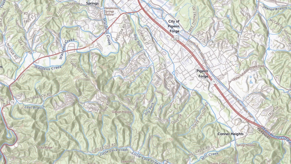USGS topographic map of Pigeon Forge bases, showing roads, water, terrain and place names