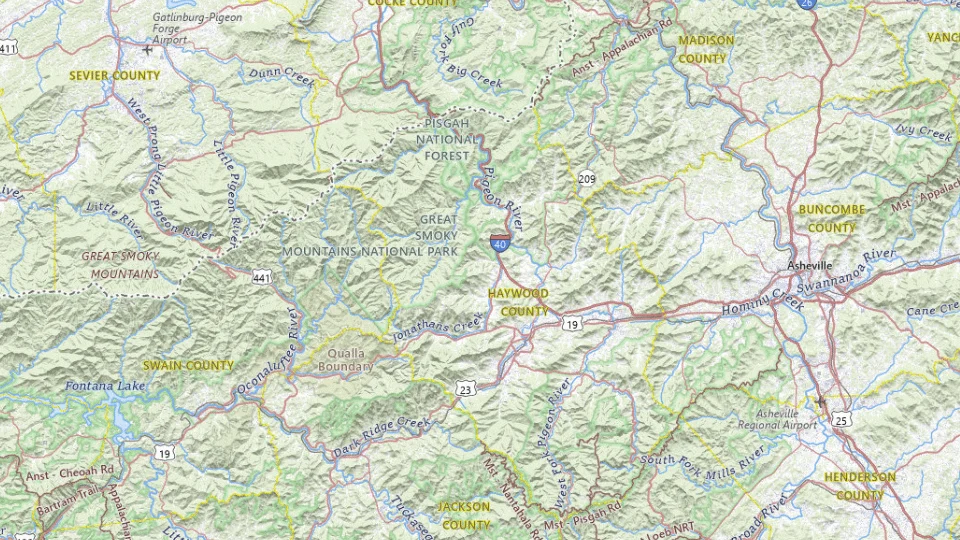 USGS topographic map of the route’s main places, showing roads, water, terrain and place names