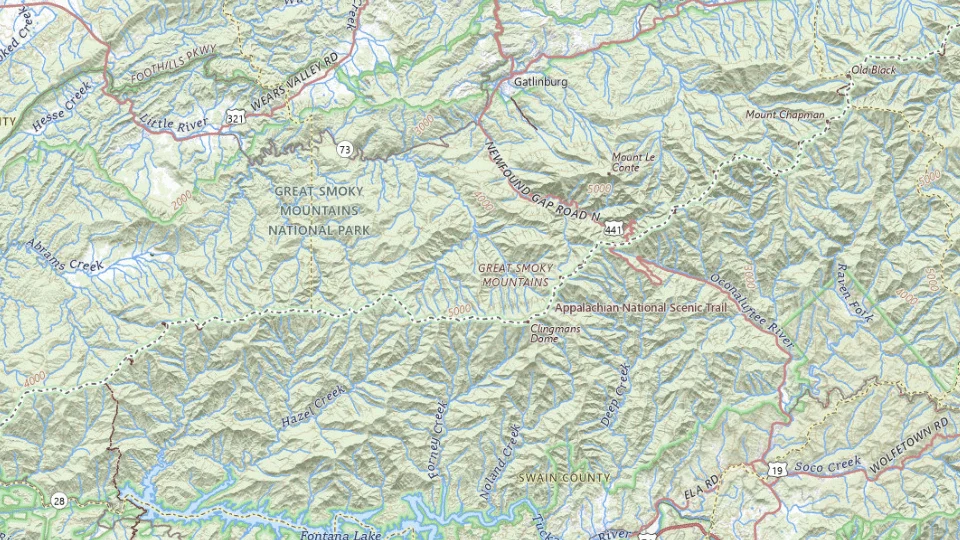 USGS topographic map of Great Smoky Mountains bases, showing roads, water, terrain and place names