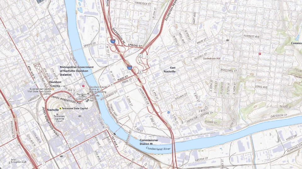 USGS topographic map of Nashville bases, showing roads, water, terrain and place names