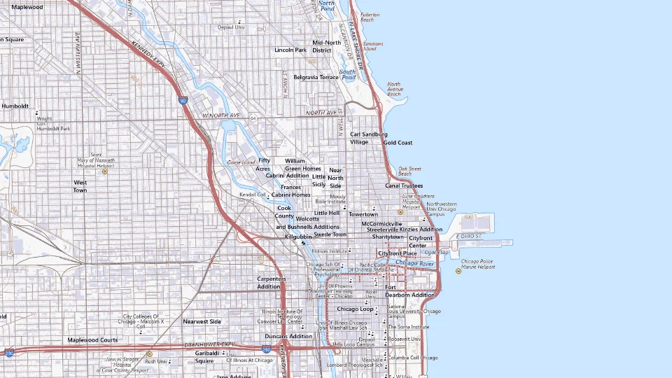 USGS topographic map of Chicago bases, showing roads, water, terrain and place names