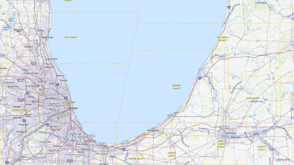 USGS topographic map of the route’s main places, showing roads, water, terrain and place names