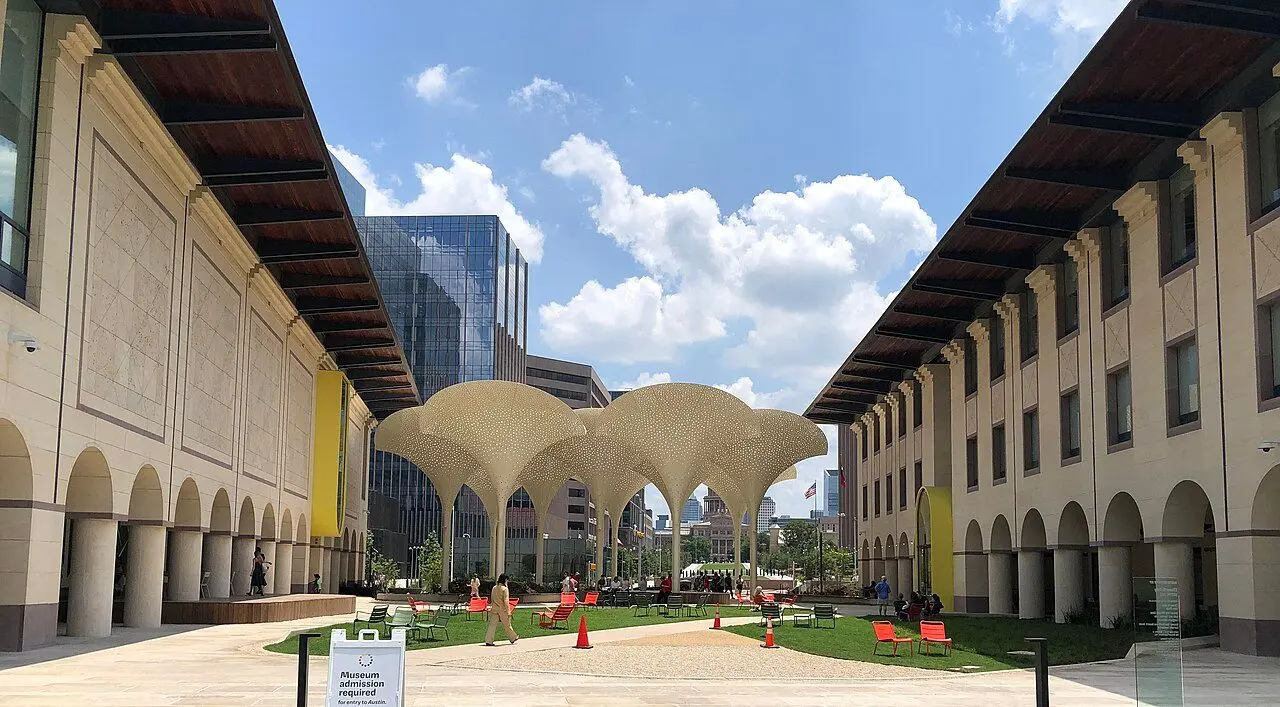 Blanton Museum of Art exterior grounds and plaza in Austin, designed by Snohetta; admission and current displays are separate.