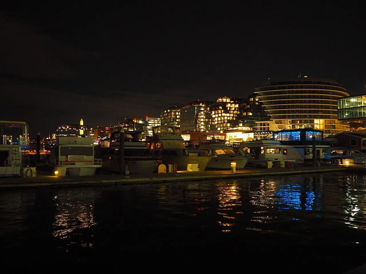 The Wharf on Washington DC’s Southwest Waterfront at night; a district photograph, not a hotel room.