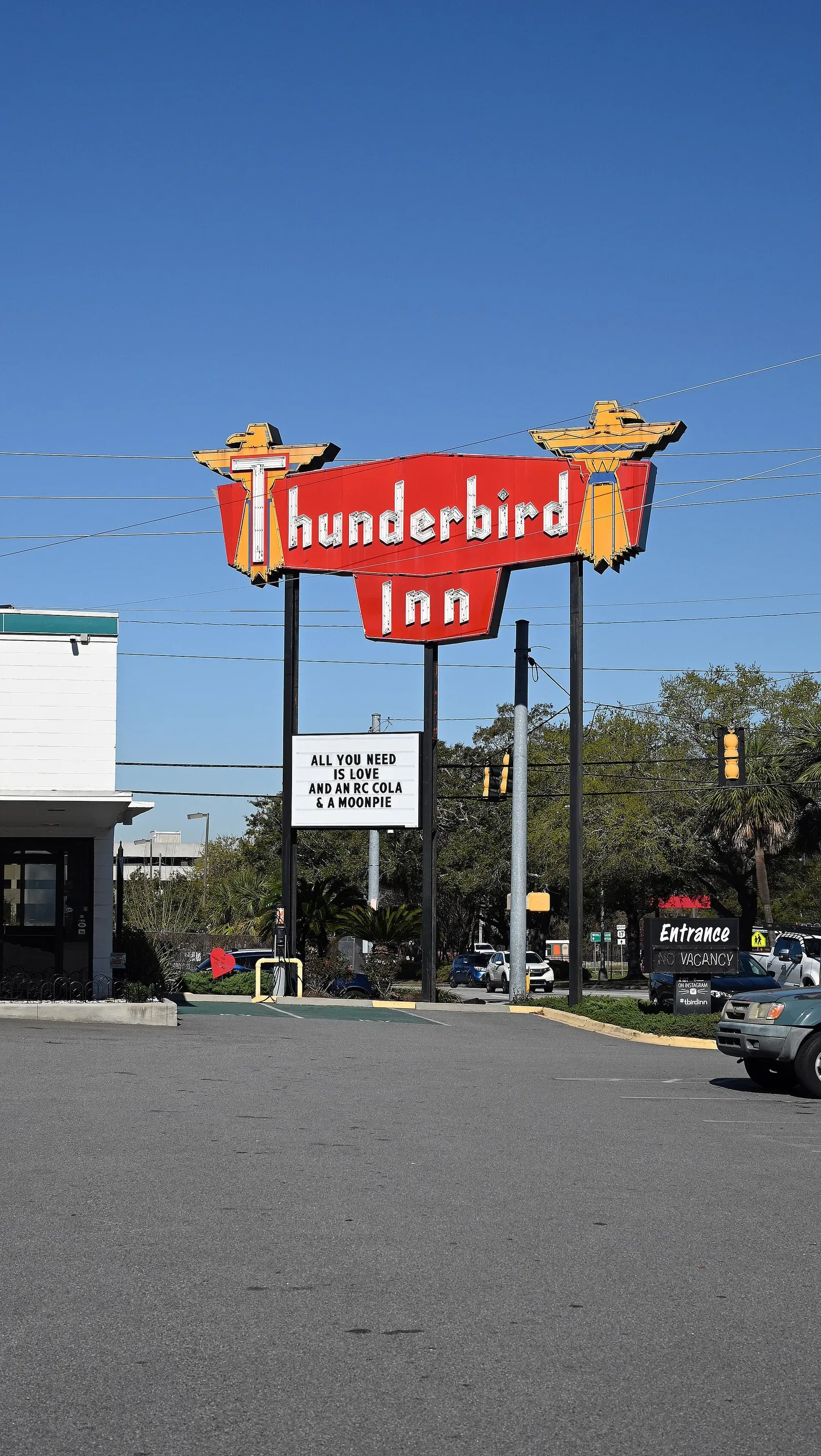 The Thunderbird Inn · Hotel sign and frontage, March 2025.